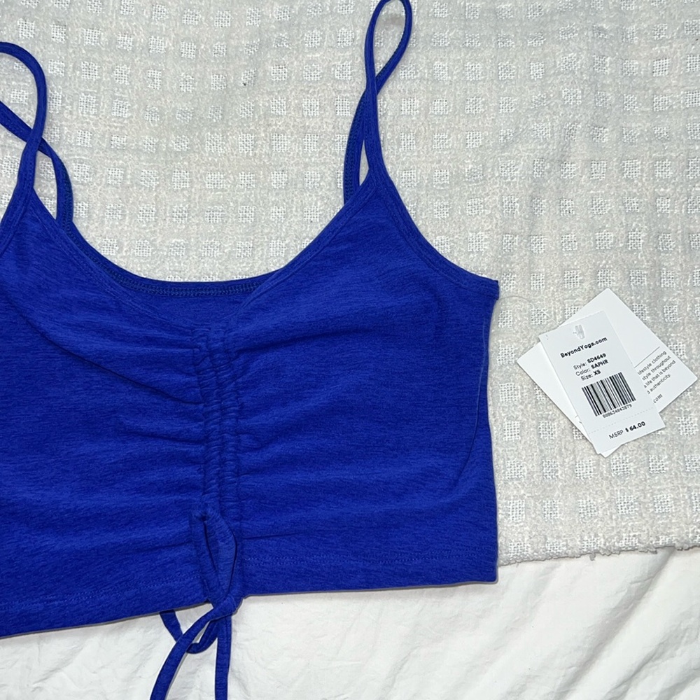 Beyond Yoga Sapphire Blue Heather Gathered Crop Tank